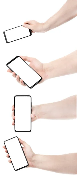 Collage Mannelijke Hand Houden Van Zwarte Nieuwe Smartphone Met Blanco — Stockfoto