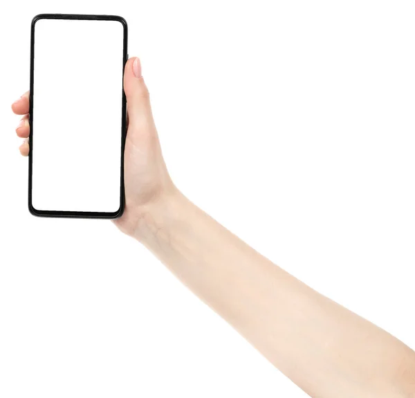 Γυναικείο Χέρι Που Κρατά Μαύρο Νέο Smartphone Λευκή Οθόνη Απομονωμένη — Φωτογραφία Αρχείου