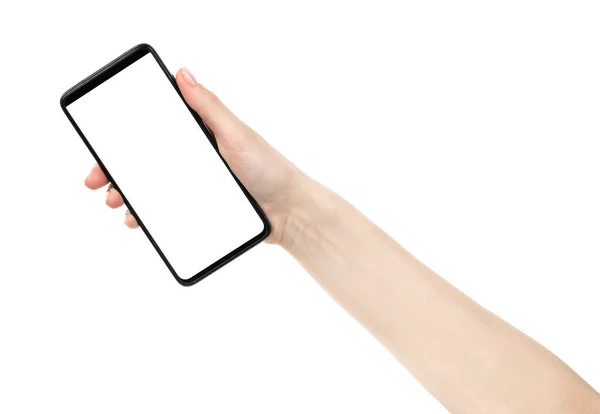 Vrouwelijke Hand Houdt Zwarte Nieuwe Smartphone Met Blanco Scherm Geïsoleerde — Stockfoto