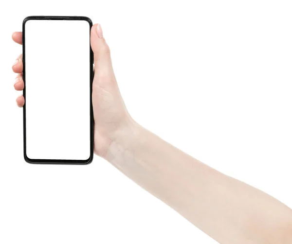Γυναικείο Χέρι Που Κρατά Μαύρο Νέο Smartphone Λευκή Οθόνη Απομονωμένη — Φωτογραφία Αρχείου