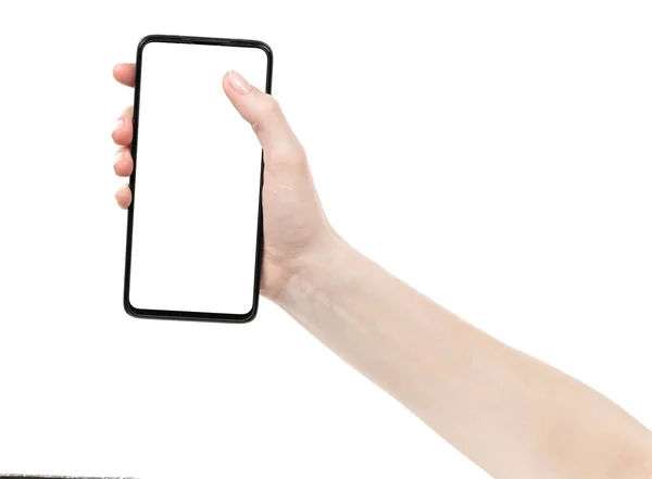 Mão Feminina Segurando Novo Smartphone Preto Com Tela Branco Isolado — Fotografia de Stock