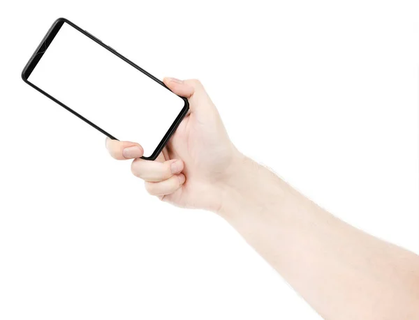 Mannelijke Hand Houden Van Zwarte Nieuwe Smartphone Met Blanco Scherm — Stockfoto