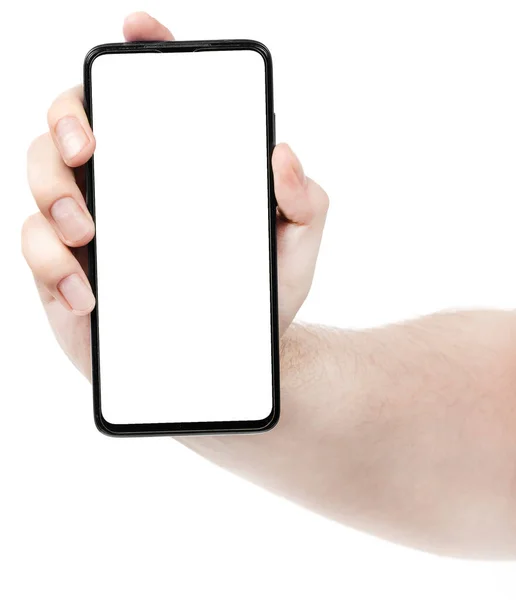 男性的手拿着黑色的新智能手机与空白屏幕隔离的白色背景 人的手使用电话剪接路径 设计师用空白 — 图库照片