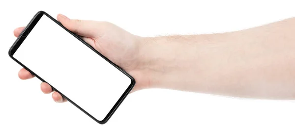 Мужская Рука Держит Черный Новый Смартфон Чистым Экраном Изолированный Белый — стоковое фото