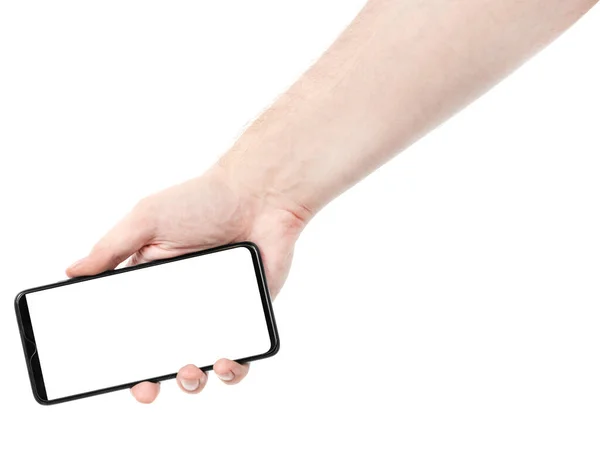 Tangan Laki Laki Memegang Smartphone Baru Hitam Dengan Layar Kosong — Stok Foto