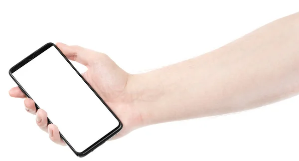 Mão Masculina Segurando Novo Smartphone Preto Com Tela Branco Isolado — Fotografia de Stock