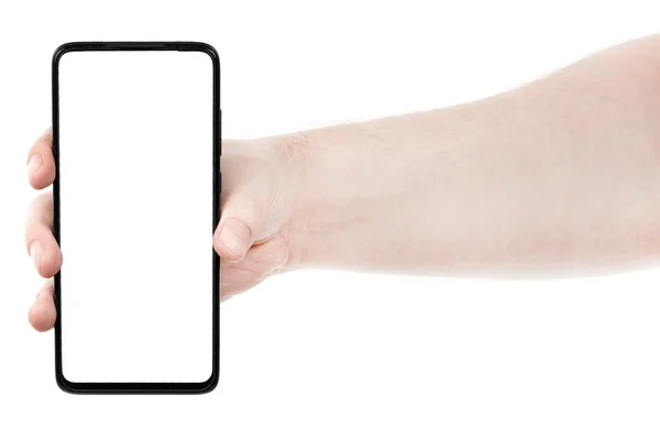 Mężczyzna Trzyma Czarny Nowy Smartfon Pustym Ekranem Odizolowane Białe Tło — Zdjęcie stockowe