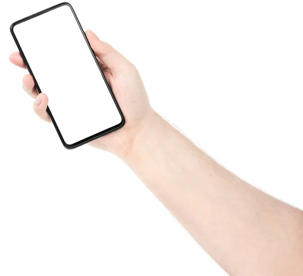 Чоловіча Рука Тримає Чорний Новий Смартфон Порожнім Екраном Ізольований Білий Ліцензійні Стокові Фото