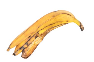 Beyaz arka planda izole edilmiş eski sarı muz kabuğu. çürük muz kabuğu