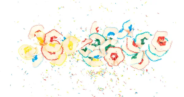 Ett Gäng Färgade Pennspån Med Färgglada Grafitsmulor Isolerade Vit Bakgrund — Stockfoto