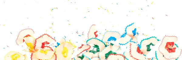 Ett Gäng Färgade Pennspån Med Färgglada Grafitsmulor Isolerade Vit Bakgrund — Stockfoto