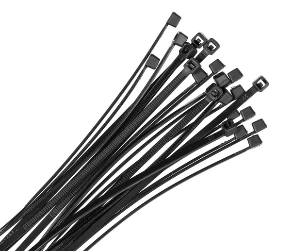 Schwarze Kunststoff Kabelbinder Isoliert Auf Weißem Hintergrund Kunststoffdraht Bindet Nahaufnahme — Stockfoto