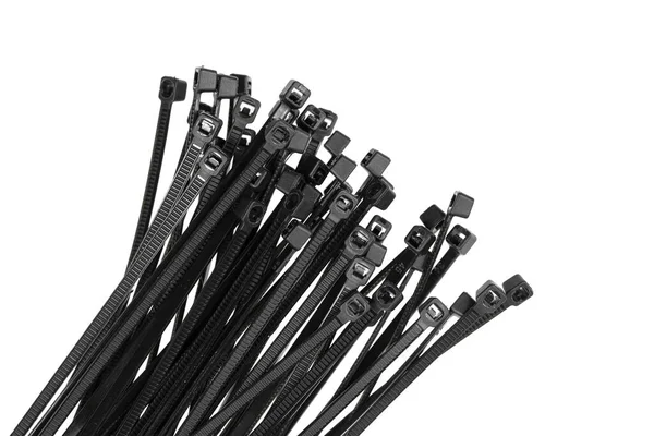 Schwarze Kunststoff Kabelbinder Isoliert Auf Weißem Hintergrund Kunststoffdraht Bindet Nahaufnahme — Stockfoto