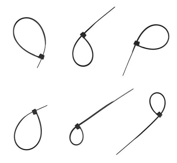 在白色背景上隔离的学院黑色塑料电缆领带 设置塑料金属丝连接闭合 — 图库照片