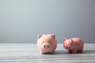 Finans, tasarruf. İki beyaz kumbara yığını.