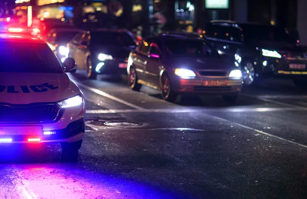 Carro Polícia Luz Noite Cit — Fotografia de Stock