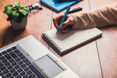 female hands with notebook and pen. Business woman working at the table in the offic