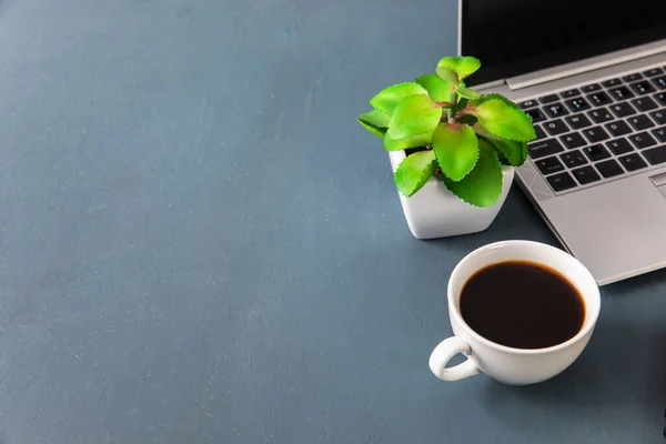 Office Desk Table Laptop Computer Cup Coffee Flower — Stock Photo, Image