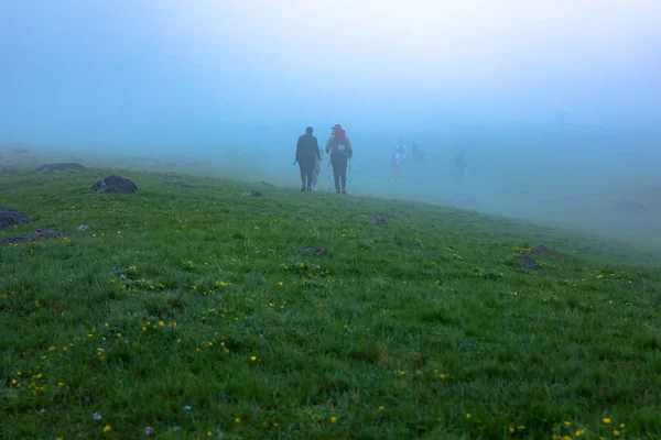 Hikers group traveling in the foggy mountain