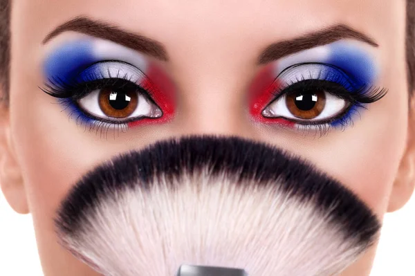 Patriotic Woman Wearing Fun Red White Blue Eye Shadow Party — стоковое фото