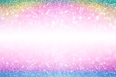 Gökkuşağı renginde pırıl pırıl parlayan konfeti doğum günü partisi davetiye kartı, prenses küçük kız pembesi, tek boynuzlu at yavrusu bebek pulu sınır çerçevesi ya da çocuklar için denizkızı daveti