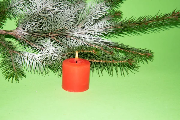 Beautiful Christmas Fir Tree Branches Red Candle — Stock Photo, Image