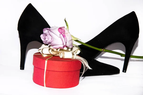 Chaussures Femme Avec Une Belle Fleur Dans Une Boîte Cadeau — Photo