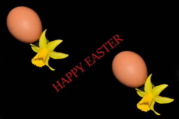 Easter Eggs Flowers Lettering Happy Easter Black Background — Stock Photo, Image