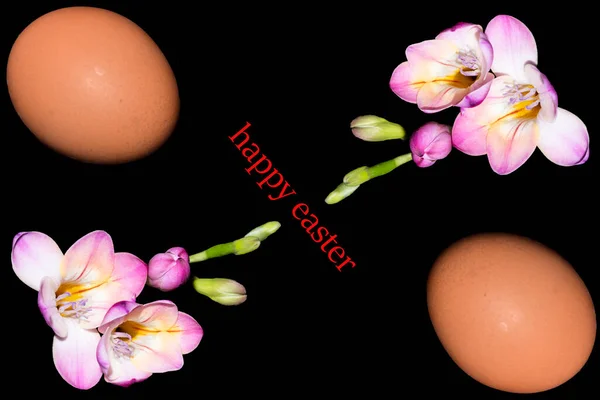 Easter Eggs Flowers Lettering Happy Easter Black Background — ストック写真