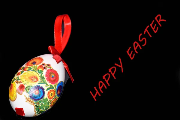 Easter Egg Red Ribbon Lettering Happy Easter Black Background — ストック写真