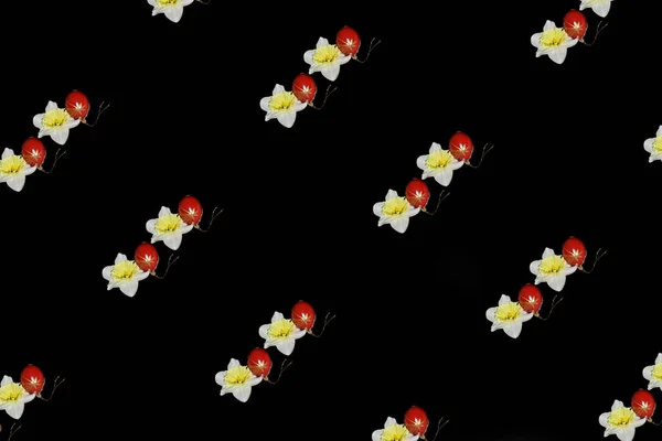 Abstracte Achtergrond Met Lentebloemen Paaseieren Zwarte Achtergrond — Stockfoto