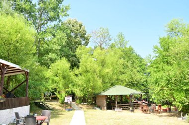 Parktaki ahşap kulübeler, restoran. 
