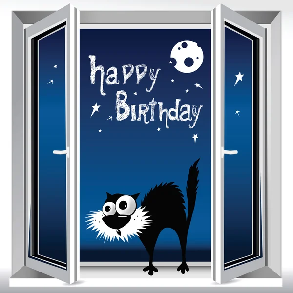 สุขสันต์วันเกิดแมวบนหน้าต่าง — ภาพเวกเตอร์สต็อก
