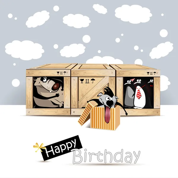 Happy Birthday dog birds gift card — Stock Vector