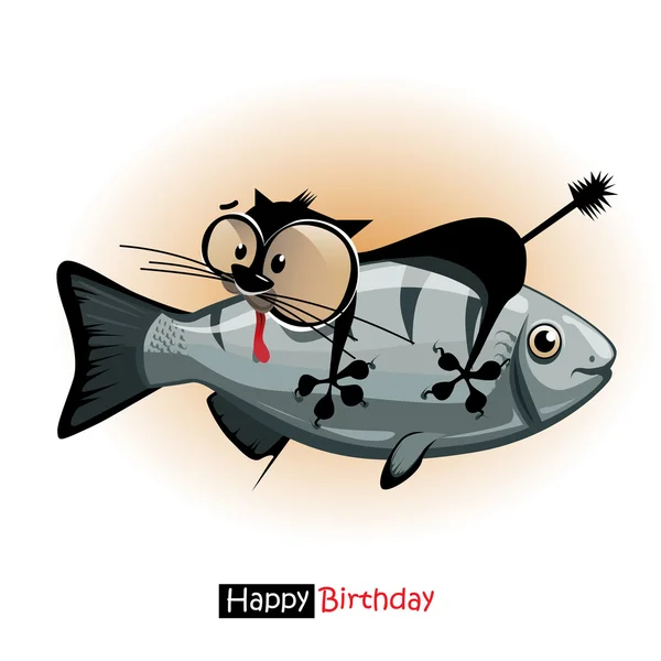 С днем рождения улыбка кота с рыбой — стоковый вектор