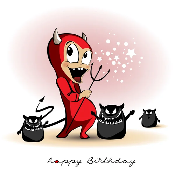Grattis på födelsedagen leende djävulen monster cartoon — Stock vektor