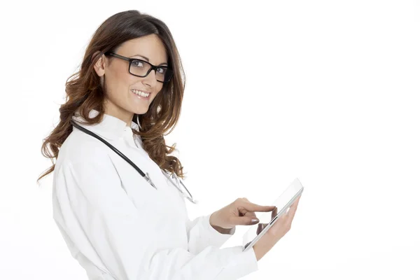 Medical doctor woman with stethoscope and tablet — Stock Photo, Image