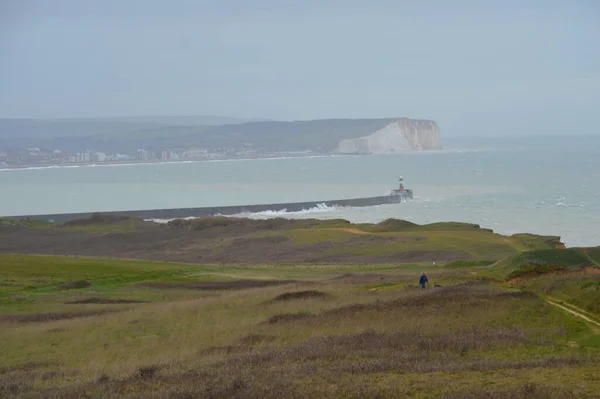 Cliffs Peacehaven East Sussex Windy Day Looking Newhaven Lighthouse Seaford — Stock Photo, Image