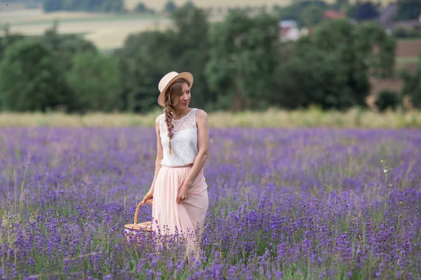 Sommarsäsongen Lavendelfält Flicka Med Korg Lavendelfält — Stockfoto