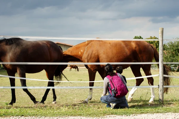 Madre e figlio davanti a un cancello di cavallo — Foto Stock