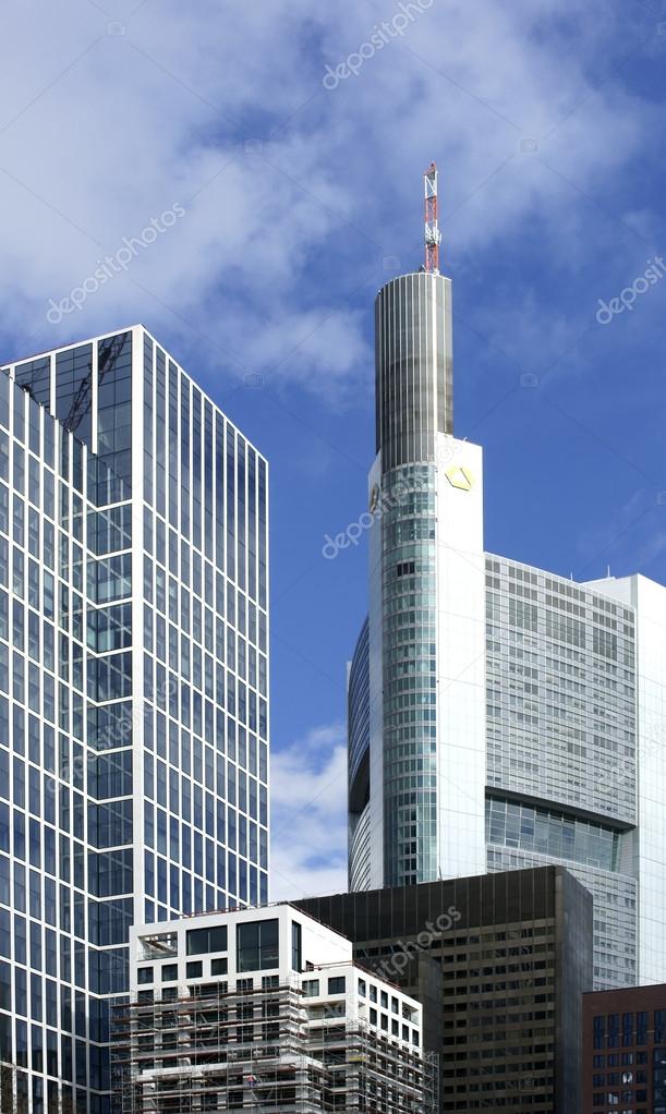 The tower of the Commerzbank between office buildings on February 19, 2013 in Frankfurt.