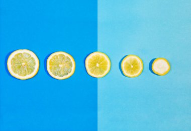 Mavi-siyano arka planda beş dilim limon, en büyükten en küçüğe farklı yuvarlak şekil, geri bildirim konsepti 