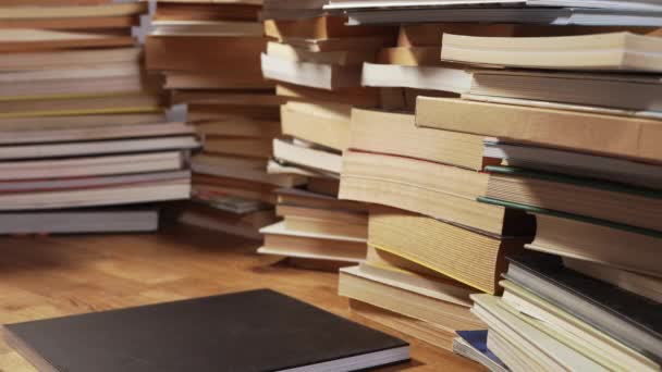 Put Books Table Piles Books Back School Place Work — Vídeos de Stock