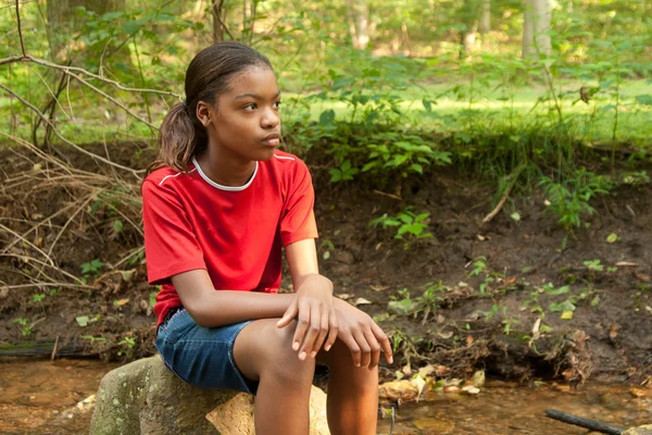kayanın üzerinde oturan Afro-Amerikan kız