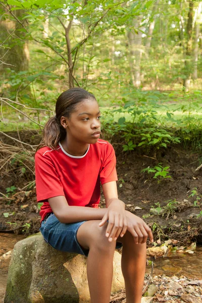 kayanın üzerinde oturan Afro-Amerikan kız