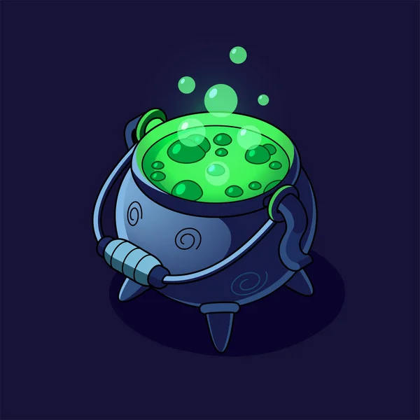 Witch Cauldron Boiling Green Potion Dark Background Isometric Icon Design — Stock Vector