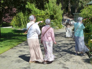 Bir grup Mennonit dindar kadın güneşli bir günde parkta yürüyorlar..