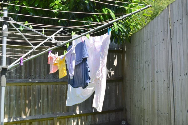 Female Clothes Drying Garden Hot Day — Foto Stock