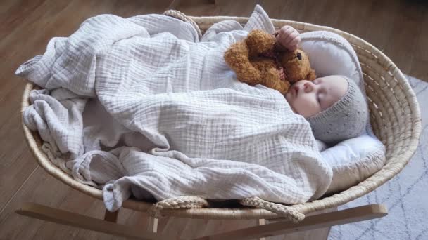 Four Month Old Cute Baby Boy Gray Knitted Hat Sleeping — Stock Video