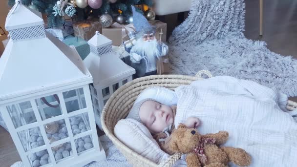 개월된 귀여운 아기가 크리스마스 트리와 클로스의 배경에 테디베어 바구니에서 달콤하게 — 비디오